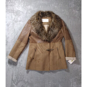 Jessica Simpson Sz L Faux Leather Fur Brown Coat Sherpa Lined Old Money Luxury